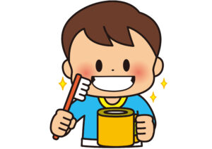 歯ブラシとコップを持って笑顔で歯みがきをしている子どものイラスト