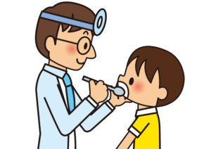 歯科医師が子どもの口の中をチェックしている学校歯科健診のイラスト